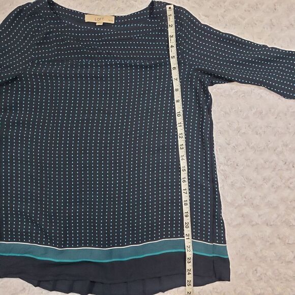 Loft petites size small sheer navy blouse with teal dots and sleeve buttons - Picture 3 of 6